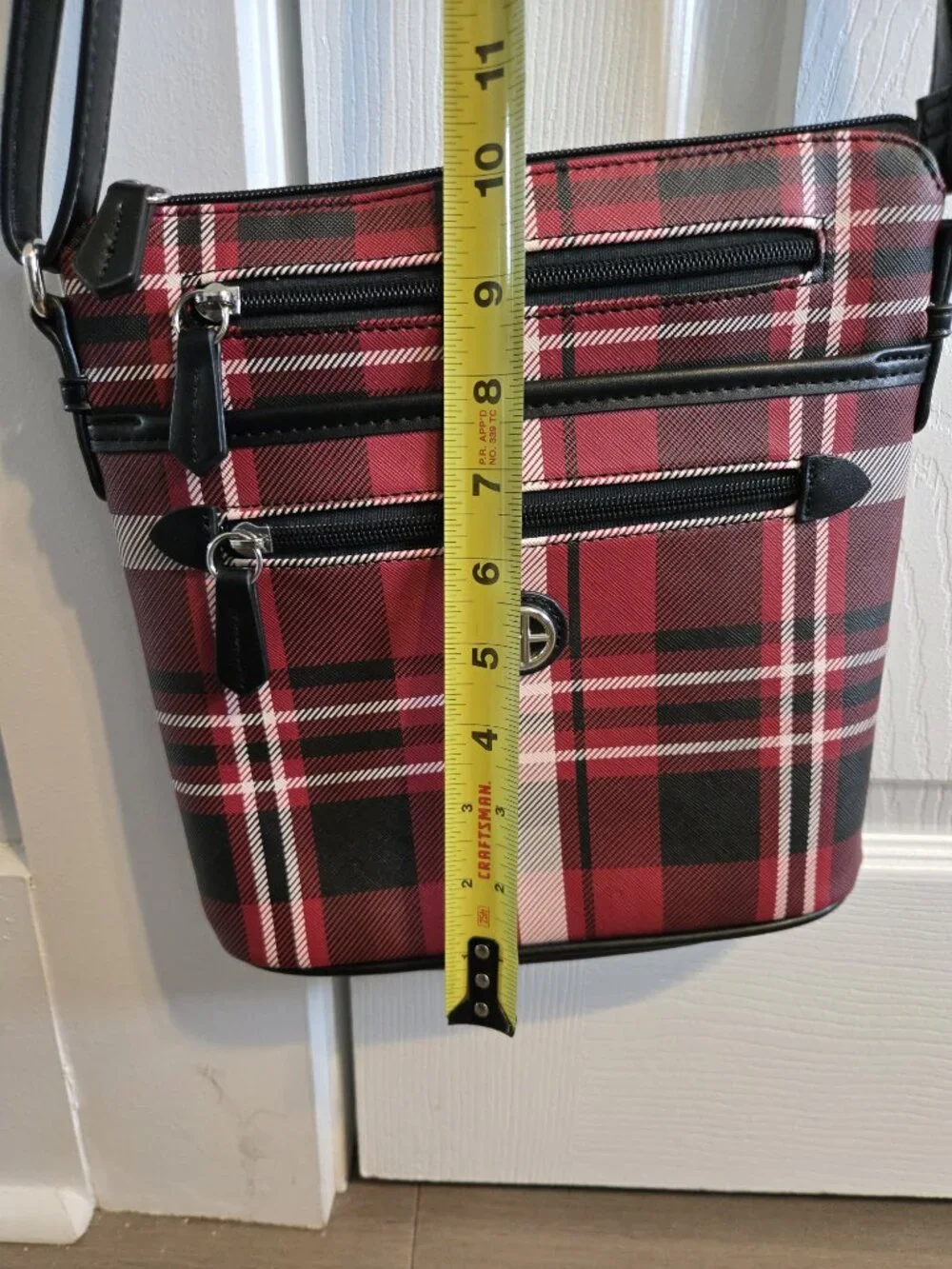 Giani Bernini Triple Zip Crossbody Shoulder Bag Red Plaid Silver